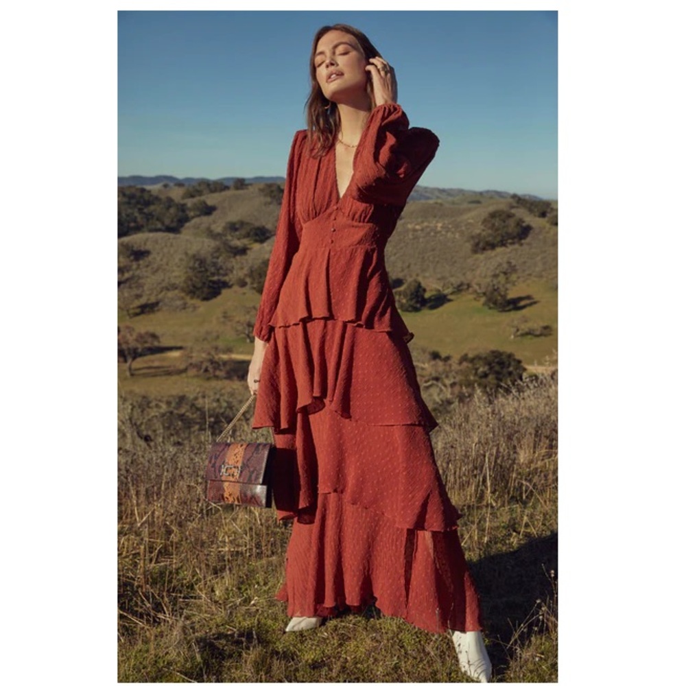 NWT Astr the Label Romance Me Long Sleeve Maxi Dress In Rust XS